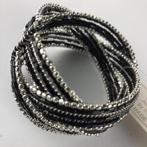 Beautiful Cuff Wrap Bracelet Silver Tone Black Beads 1 1/2" hand made in India